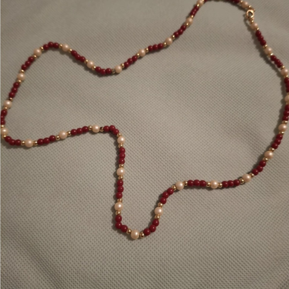 Gold Beaded Necklace with Red and Pearl Accents
